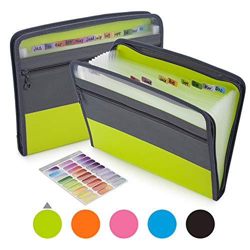 Sooez Expanding File Folder with Sticky Labels, 13 Pocket Accordion File Folder Document Organizer Expanding Zip File Folder with Zipper Closure, Letter A4 Paper Document Accordion Folder, Green