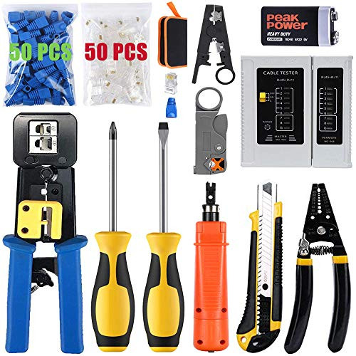 LEATBUY RJ45 Crimp Tool 6P 8P CAT 5 CAT6 RJ11 RJ12 Network Tool Kit Set Multi-function Cable Cutter Pass Through Crimper Ethernet Connector Crimping Tool Ratcheting Hand Tools (BLUE)