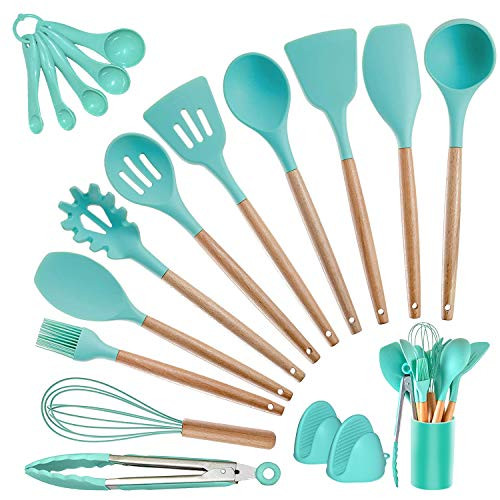 Kitchen Utensils Set Silicone Cooking Utensils - SZBOB Heat Resistant Kitchen Tools Wooden Handle Spoons Kitchen Utensil Set with Holder Spatulas Turner Tongs Whisk Kitchen Appliances for Cooking