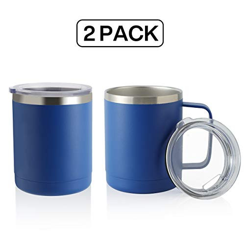 COMOOO 12oz Tumbler Stainless Steel Coffee Mug with Handle - Double Wall Vacuum Cup with Lid for Hot & Cold Drinks (Deep Blue, 2)