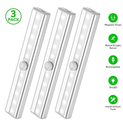 Aircover LED Closet Light, 3PCS 10-LED Wireless Rechargeable Motion Sensor Under Cabinet Light Stick-Anywhere Night Light Bar for Closet Hallway Cabinet Stairway Wardrobe Kitchen.3 Pack