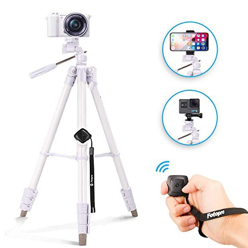 Fotopro 59" Camera Tripod DSLR Aluminum Tripod with Bluetooth Remote, GoPro Mount, Phone Tripod Mount for Smartphone iPhone X, Portable Travel Tripod Stand for Canon, Nikon, Sony, Samsung, Olympus (W)