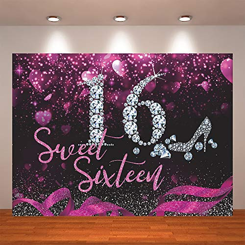 Crefelicid 7x5ft Black Pink Sweet 16 Birthday Backdrop Girls 16th Bday Background Sixteen Birthday Photo Booth Party Cake Table Photography Decorations Backdrops