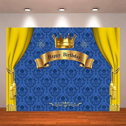 Crefelicid 7x5ft Prince Birthday Party Backdrop for Photography Blue and Gold Baby Shower Banner Kids Cake Table Party Decoration Photo Booth Background