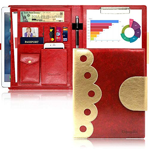 Darolin Elegant Padfolio Portfolio Case, Portfolio Organizer Folder with Clipboard, iPad/Tablet Pocket, Phone/Business Card Holder, Interview Resume Portfolio Padfolio for Women (Red)