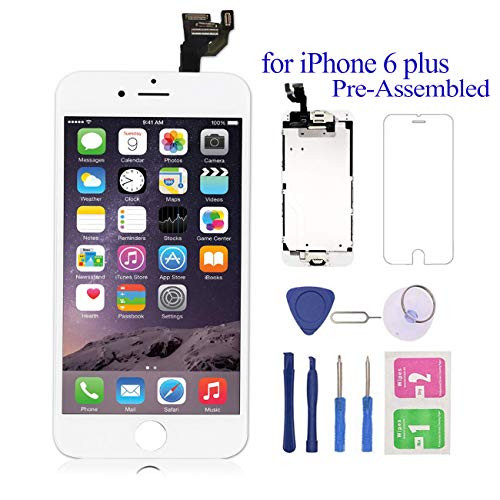 Pre-Assembled for iPhone 6 Plus Screen Replacement White 5.5 LCD Touch Digitizer Display with Front Camera+Ear Speaker+Facing Proximity Sensor with Repair Tool A1524 A1522 A1593