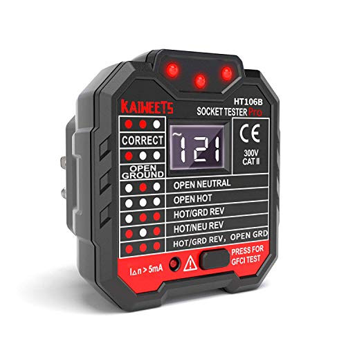 KAIWEETS Outlet Tester 48-250V, Receptacle Tester with Voltage Display, GFCI Tester CAT II 300V, Includes 7 Visual Indications and Wiring Legend for Home & Professional Use