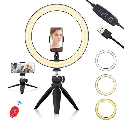 10" Selfie Ring Light with Tripod Stand, Emart Makeup LED Ringlight with Phone Holder and Remote Control for Photography, YouTube Video, Live Stream (3 Light Modes and 10 Brightness Levels)