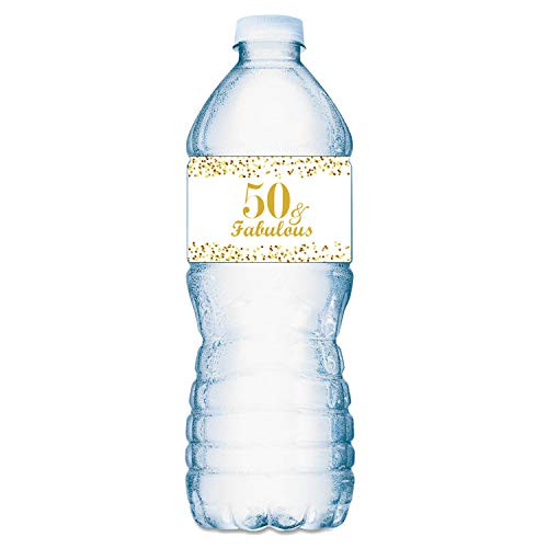 50 & Fabulous Water Bottle Labels; Set of 20 Waterproof Water Bottle Wrappers; Gold and White. Happy Birthday Labels