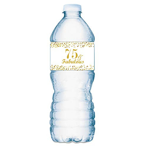 75 & Fabulous Water Bottle Labels; Set of 20 Waterproof Water Bottle Wrappers; Gold and White. Happy Birthday Labels