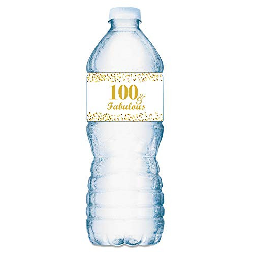 100 & Fabulous Water Bottle Labels; Set of 20 Waterproof Water Bottle Wrappers; Gold and White. Happy Birthday Labels