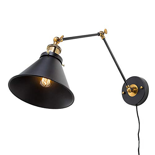LALUZ Swing Arm Wall Lamp, Adjustable Plug-in or Hardwire Wall Sconce Lighting, Brass and Black Matte Finish