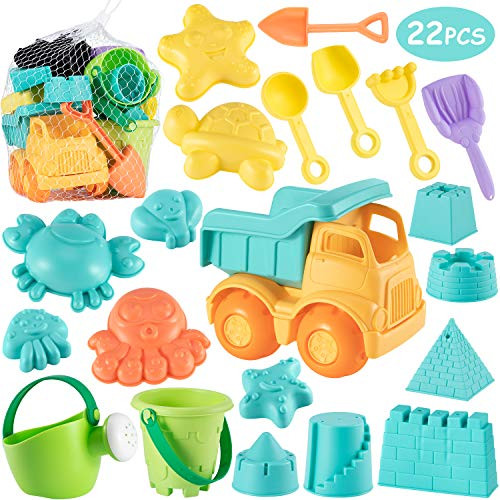 Beach Sand Toys Set for Kids - 22Pcs Sand Toys with Mesh Bag Includes Sand Truck, Castle Bucket, Watering Can, Shovel Tool Kit, Sand Molds, Sandbox Toys Summer Outdoor Beach Toys for Toddlers Gift