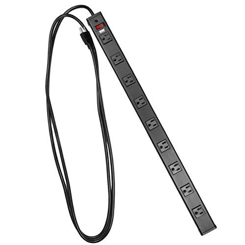 9 Outlet Heavy Duty Surge Protector Power Strip - 14/3 SJT Black Metal Surge Suppressor with 9 Foot Long Extension Cord