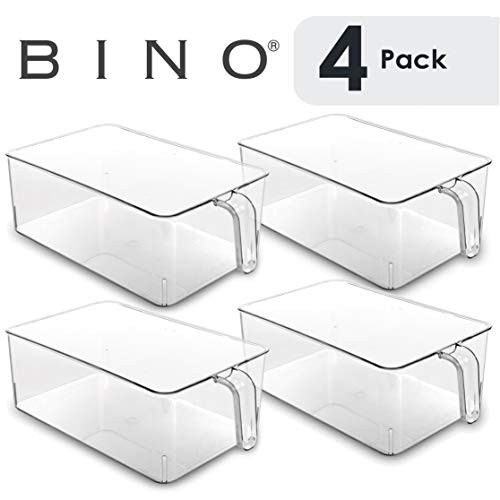 BINO Refrigerator, Freezer, Kitchen Pantry Cabinet Organizer Plastic Bin with Handle, Clear Plastic Storage Bins Refrigerator Organizer Bins Fridge Organizer Pantry Organizer Pantry (Large- 4 PACK)
