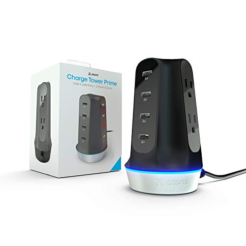 Atomi Charge Tower Prime - USB Desktop Charging Station, 4 Ports with Ai Rapid-Charge Technology, 2 Power Outlets, LED Charging Indicators