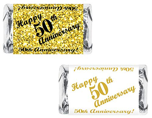 RokAPary 50th Anniversary Miniatures Candy Bar Wrapper, (Set of 60) Mini Candy Chocolate Bar Stickers; Gold and White, Candy Not Included