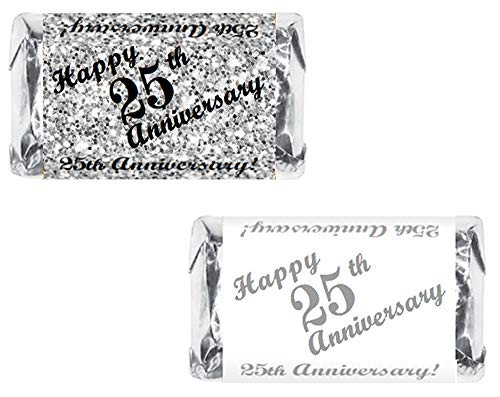 RokAPary 25th Anniversary Miniatures Candy Bar Wrapper, (Set of 60) Mini Candy Chocolate Bar Stickers; Silver and White, Candy Not Included