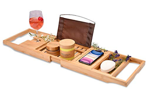 Bamboo Bathtub Tray - Perfect Expandable Bathtub Caddy with Reading Rack or Tablet Holder, This Premium Bath Tray Includes a Wine Glass Holder and a Bonus Soap Holder