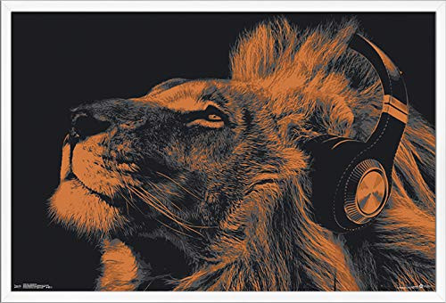 Trends International Lion with Headphones, 22.375" x 34", White Framed Version