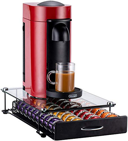 Rice rat Pod Holder for Nespresso Vertuo Capsule Pods Storage Drawer For Vertuoline With Crystal Tempered Glass (40 Pods with handle)