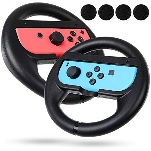Steering Wheel for Nintendo Switch Joy-Con, Racing Steering Wheel Controller Handle 2 pack with 4 Thumb Grip Caps