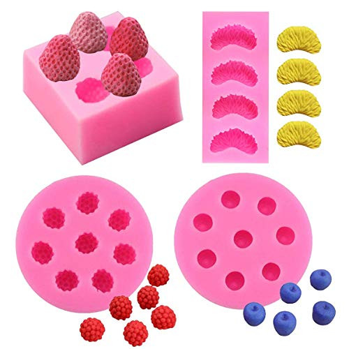 4Pcs Strawberry, Tangerine Segment, Raspberry and Blueberry Fondant Molds, 3D Fruit Berries Mandarin Orange Silicone Chocolate Candy Mold for Cake Cupcake Topper Decoration Soap Wax Candle Embeds Mold