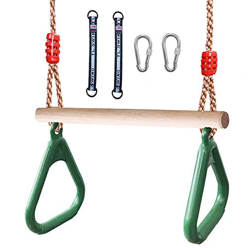 Flyzy Trapeze Swing bar Rings Trapeze bar for Swing Set with Locking Carabiners&Swing Hanging Straps for Indoor Jungle Gym Play Set and Outdoor Playground for Swingset ,Ninja line Backyard(Green)