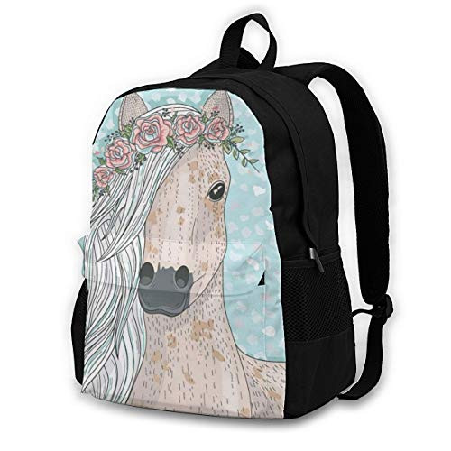 Cute Horse with Flowers College School Backpack Computer Laptop Bag Travel Backpack Shoulder Bookbag Travel Hiking Camping Daypack