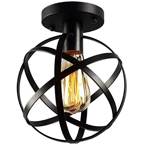 Black Semi Flush Mount Ceiling Light, Industrial Globe Pendant Light Flush Mount Chandelier Mini Ceiling Lamp, Farmhouse Ceiling Light Fixture for Hallway Kitchen Porch Bedroom Stairway Lighting