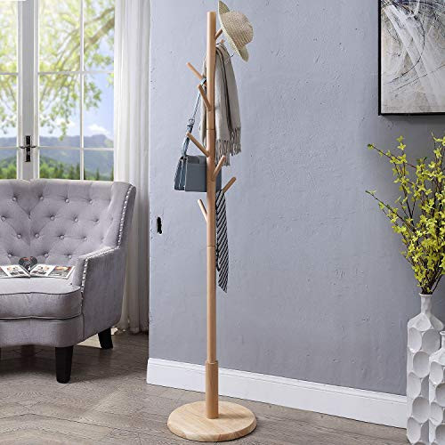 YBYT Sturdy Wooden Coat Rack Standing Solid Beech, Round Base, 8 Hooks Clothes Scarves Rack Stand Hanger Organizer Free Standing Hall Tree ?for Clothes, Hats, Bags, ?Classic Wood Color ?