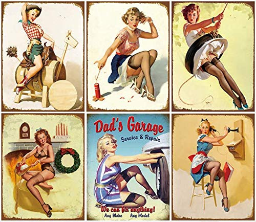 LZYMSZ 6 PCS Vintage Metal Girl Wall Plaque Poster, Retro Iron Art Wall Decorations for Cafe Bar Pub Home Beer (30X20CM)