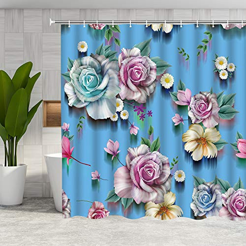 DMTTY 3D Flower Shower Curtain Colorful Watercolor Spring Floral Bathroom Curtain 72x72 Inches Blue Background Fabric Bathroom Accessories Polyester with Hooks