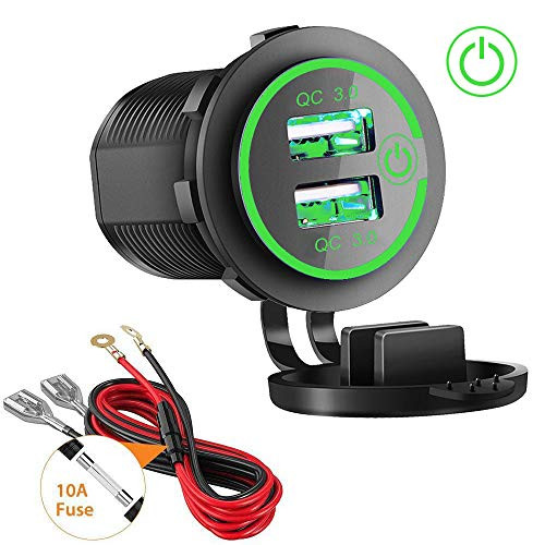 Quick Charge 3.0 Dual USB Charger Socket, Waterproof 12V/24V QC3.0 Dual USB Fast Charger Socket Power Outlet with Touch Switch for Car Marine, Boat, Motorcycle, Truck and More(QC3.0-Green)