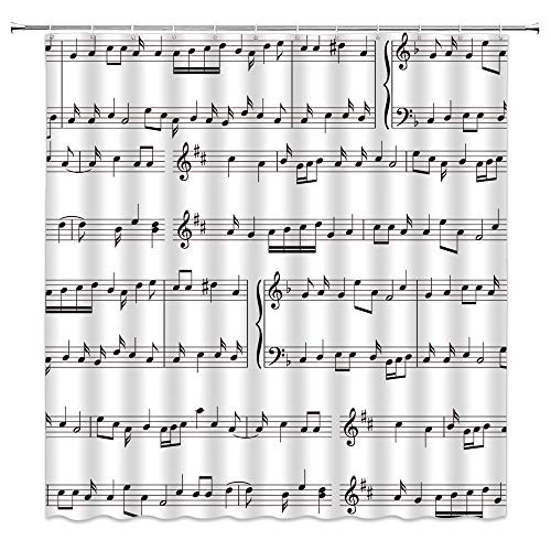Music Shower Curtains Black and White Piano Note Pattern Abstract Style Bathroom Curtains Decor Polyester Fabric Quick Drying 70x70 Inches Include Hooks