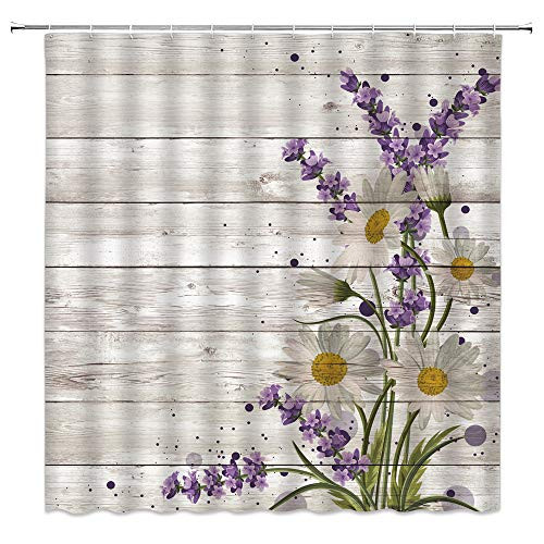 WZFashion Rustic Flower Shower Curtain Lavender White Daisy on Rustic Wooden Board Farmhouse Watercolor Spring Nature Plant Creative Art Fabric Bath Curtain 70x70 in with Hooks