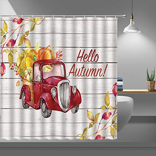 RAYLONZE Autumn Shower Curtains for Bathroom,Watercolor Truck with Fall Pumpkins Leaf Rustic Wood Board Fabric Shower Curtain with Plastic Hooks,69x70 Inch Red Orange