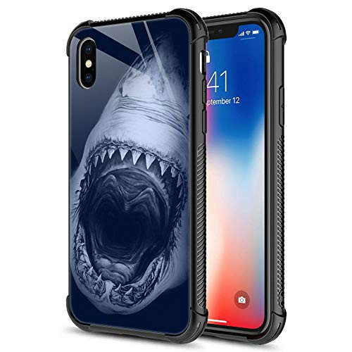 iPhone XR Case,White Shark iPhone XR Cases for Girls Boys,9H Tempered Glass Graphic Design Shockproof Anti-Scratch Tempered Glass Case for Apple iPhone XR
