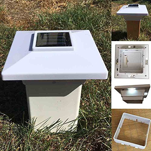 (4 Pack) Solar Post Cap Low Profile 4 SMD LED Off White 4"X4" PVC Fence Post With Adapter for 3.5" x 3.5" Wood Post