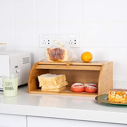 Roll Top Bread Box Bamboo Storage Bin Kitchen Large Capacity Bread Keeper Fully Assembled (Big Size)