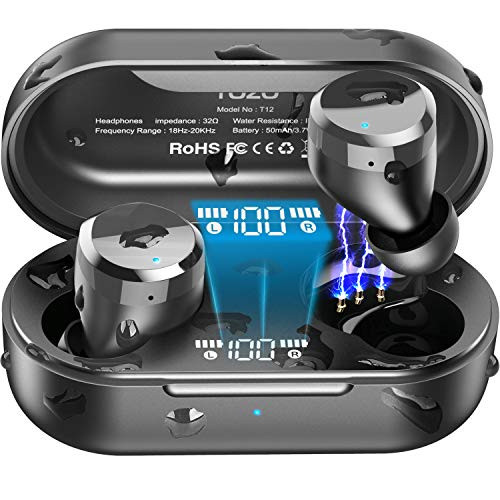 TOZO T12 Wireless Earbuds Bluetooth Headphones with Touch Control and Wireless Charging Case Digital Intelligence LED Display IPX8 Waterproof Earphones Built-in Mic Headset Deep Bass for Sport Black