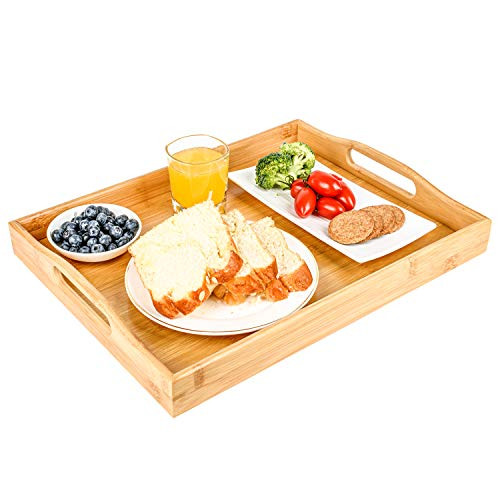 AKKAJJ Bamboo Food Tray with Handles Serving Platters Tray Great for Dinners Party,Tea Bar, Table Breakfast Snack