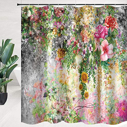 DMTTY Watercolor Flower Shower Curtain Colorful Abstract Spring Floral Bathroom Curtain Sunflower Fabric Bathroom Accessories Polyester with Hooks