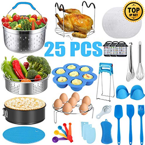 LYPGONE 25 Pcs Insta Pot Accessories Pressure Cooker Accessories With Instant Pot 5Qt 6Qt 8Qt / Ninja Foodi 8Qt Set, Nonstick Springform Pan, 2 Steamer Baskets, Magnetic Cheat Sheets & More