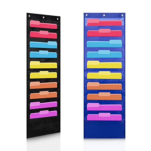 Hanging File Folders Organizer, 10 Pockets, 3 Hangers Cascading Wall Organizer, Large Pockets File Organizer for Office, Home, School (2Pack- Black&Blue)