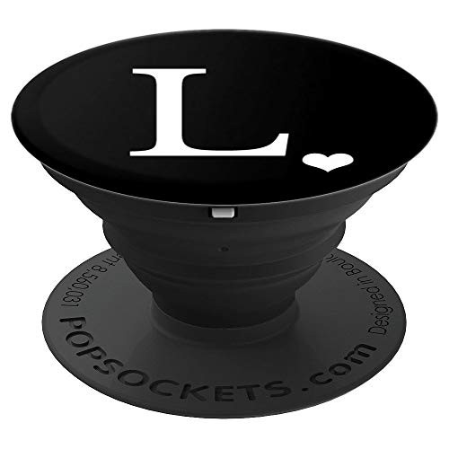 White Initial Letter L heart Monogram on Black PopSockets Grip and Stand for Phones and Tablets