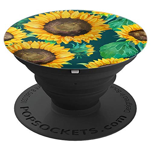 Yellow Sunflower Vintage Watercolor Blue Floral Pattern PopSockets Grip and Stand for Phones and Tablets