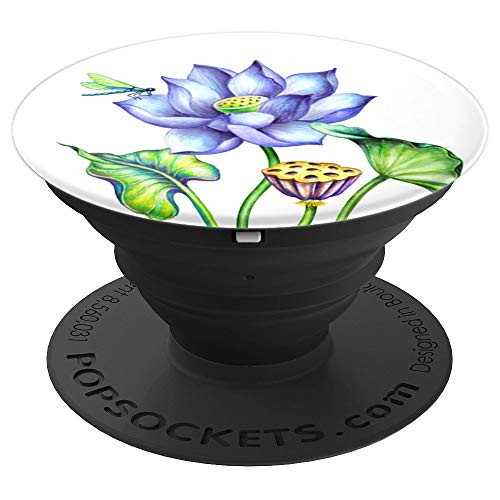 Dragonfly On Watercolor Purple Lotus Seed Pod Green Leaves PopSockets Grip and Stand for Phones and Tablets