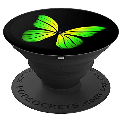 Pretty Cute Bright Lime Green And Yellow Butterfly On Black PopSockets Grip and Stand for Phones and Tablets
