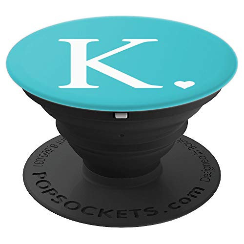 Heart, White Letter K Initial Monogram, Baby Blue, Teal Cute PopSockets Grip and Stand for Phones and Tablets